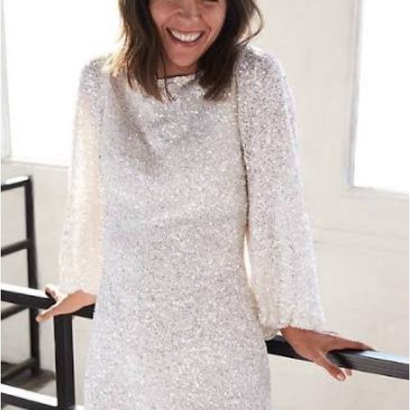 BHLDN Anthropologie Goldie White Sequin Mini Dress Long Sleeves - Picture 10 of 14